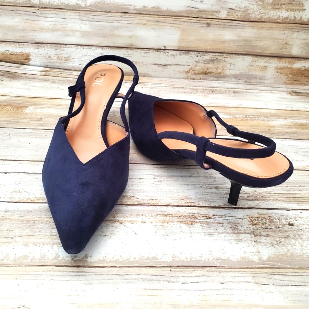 NWT POL navy kitten heel sling backs